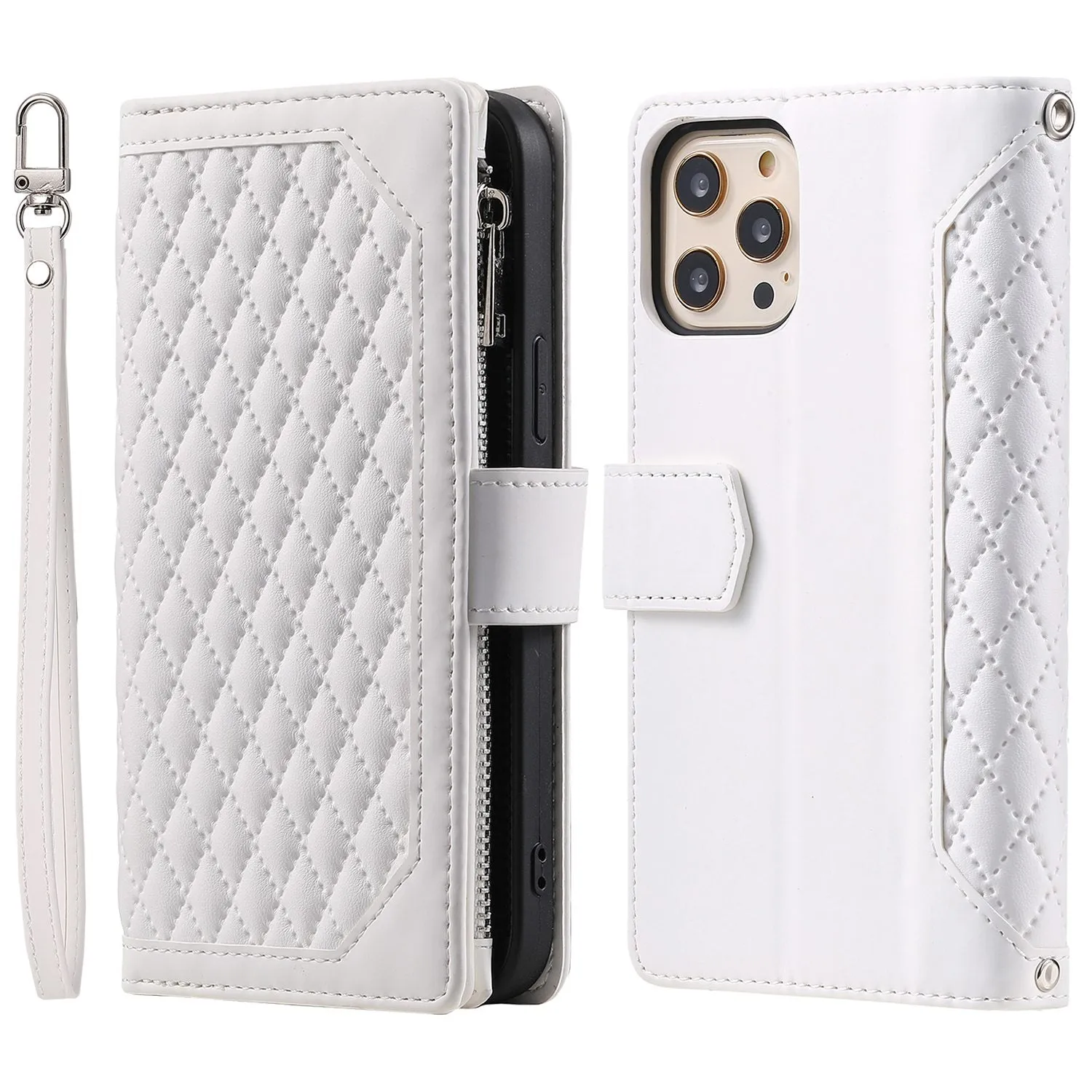 005 Style for iPhone 12 6.1 inch / 12 Pro 6.1 inch Rhombus Texture Zipper Pocket Phone Cover with Strap, PU Leather Stand Wallet Case