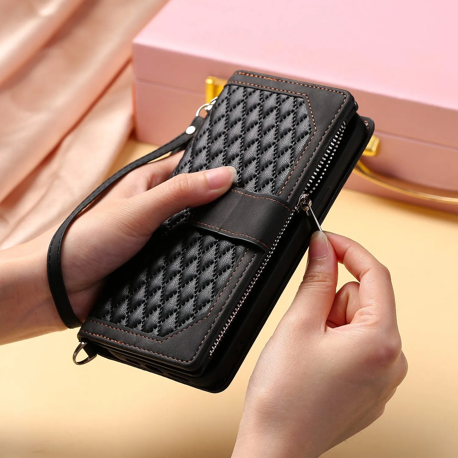 005 Style for iPhone 12 6.1 inch / 12 Pro 6.1 inch Rhombus Texture Zipper Pocket Phone Cover with Strap, PU Leather Stand Wallet Case