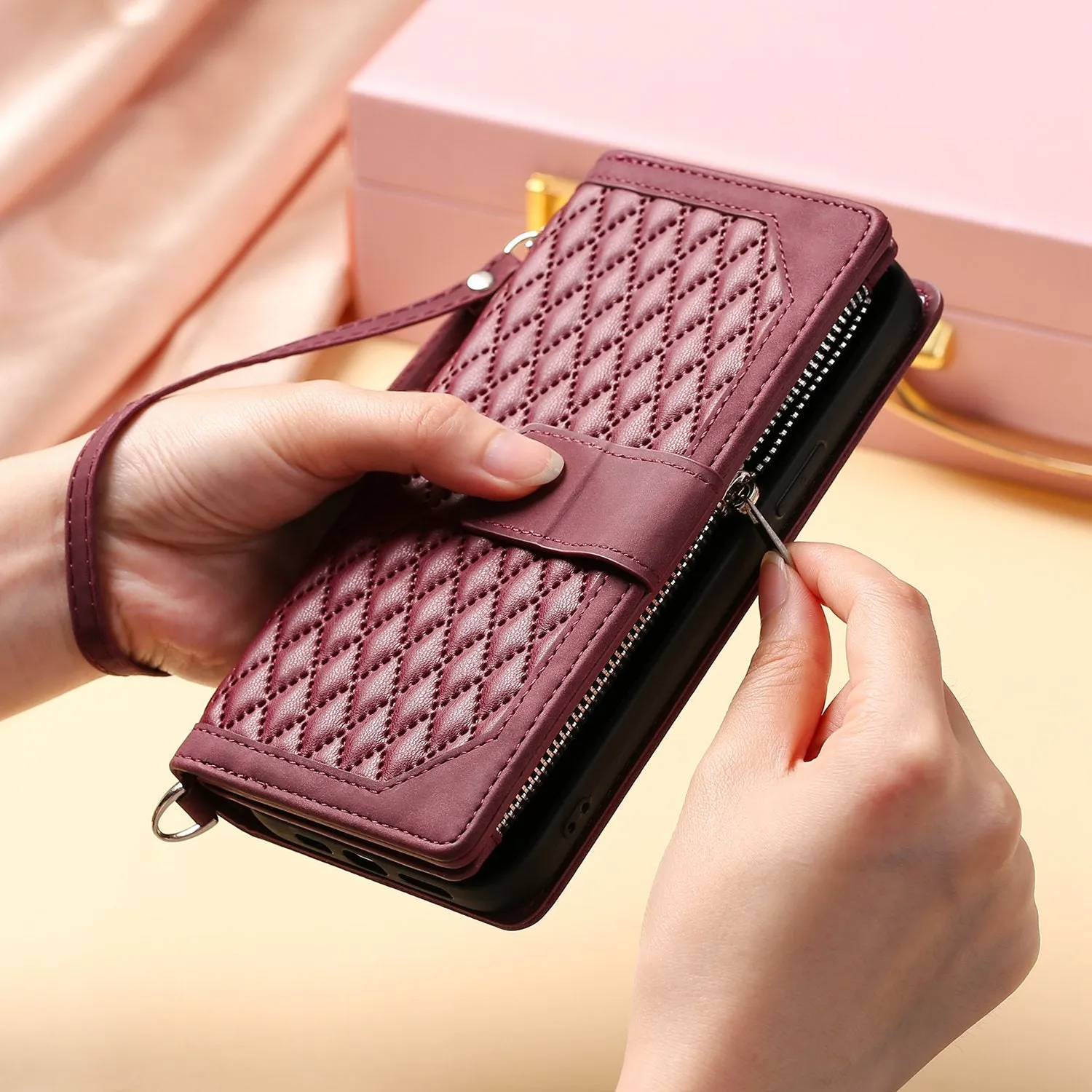 005 Style for iPhone 12 6.1 inch / 12 Pro 6.1 inch Rhombus Texture Zipper Pocket Phone Cover with Strap, PU Leather Stand Wallet Case