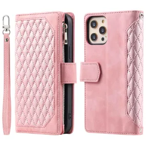 005 Style for iPhone 12 6.1 inch / 12 Pro 6.1 inch Rhombus Texture Zipper Pocket Phone Cover with Strap, PU Leather Stand Wallet Case