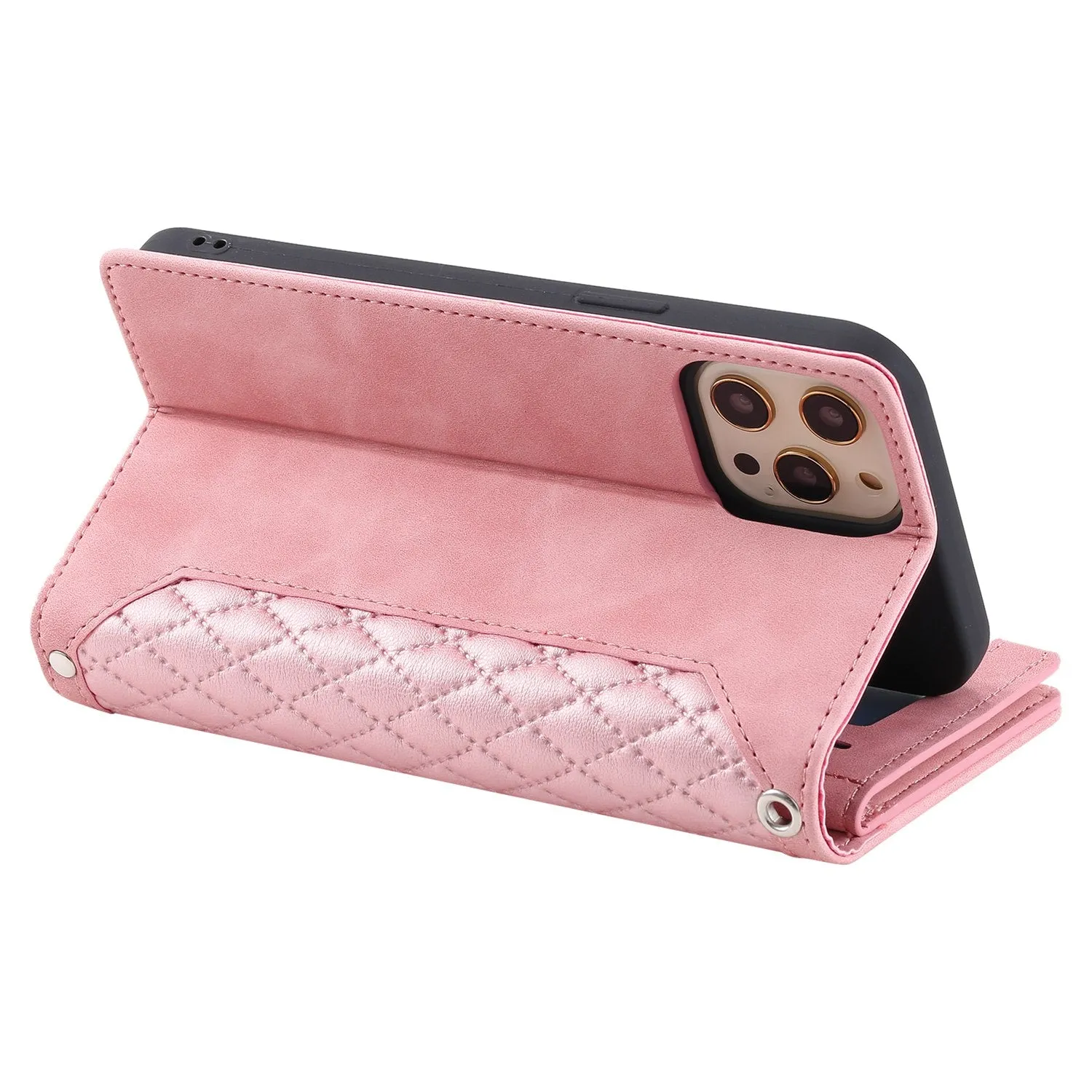 005 Style for iPhone 12 6.1 inch / 12 Pro 6.1 inch Rhombus Texture Zipper Pocket Phone Cover with Strap, PU Leather Stand Wallet Case