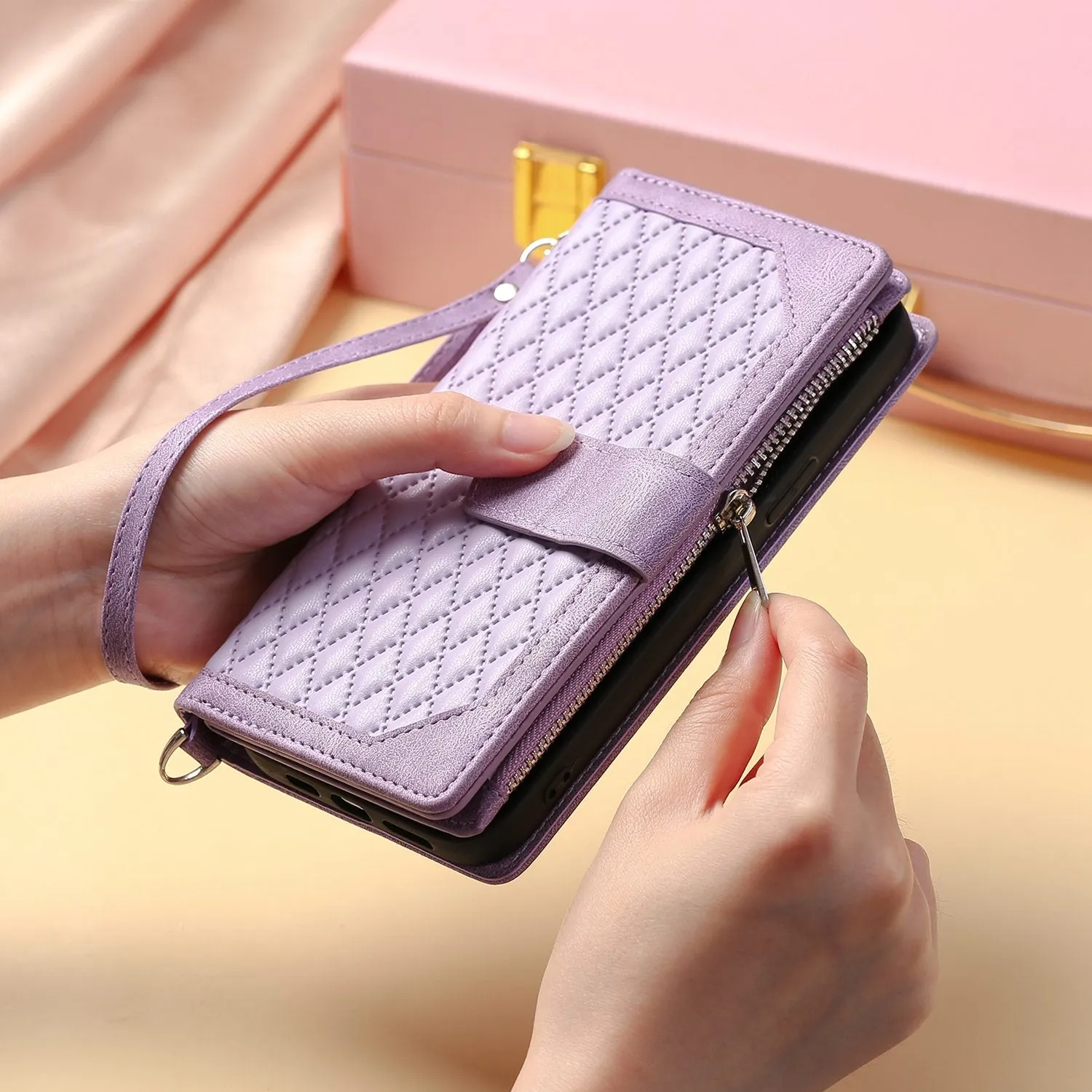 005 Style for iPhone 12 6.1 inch / 12 Pro 6.1 inch Rhombus Texture Zipper Pocket Phone Cover with Strap, PU Leather Stand Wallet Case