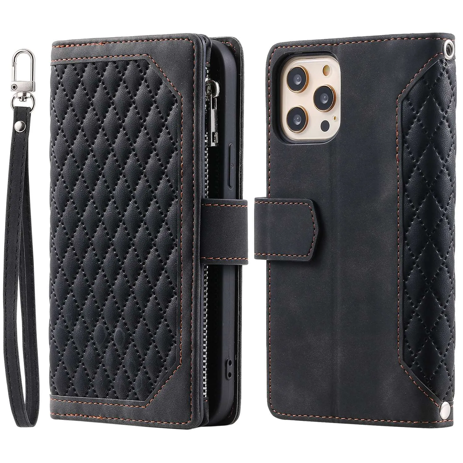 005 Style for iPhone 12 6.1 inch / 12 Pro 6.1 inch Rhombus Texture Zipper Pocket Phone Cover with Strap, PU Leather Stand Wallet Case