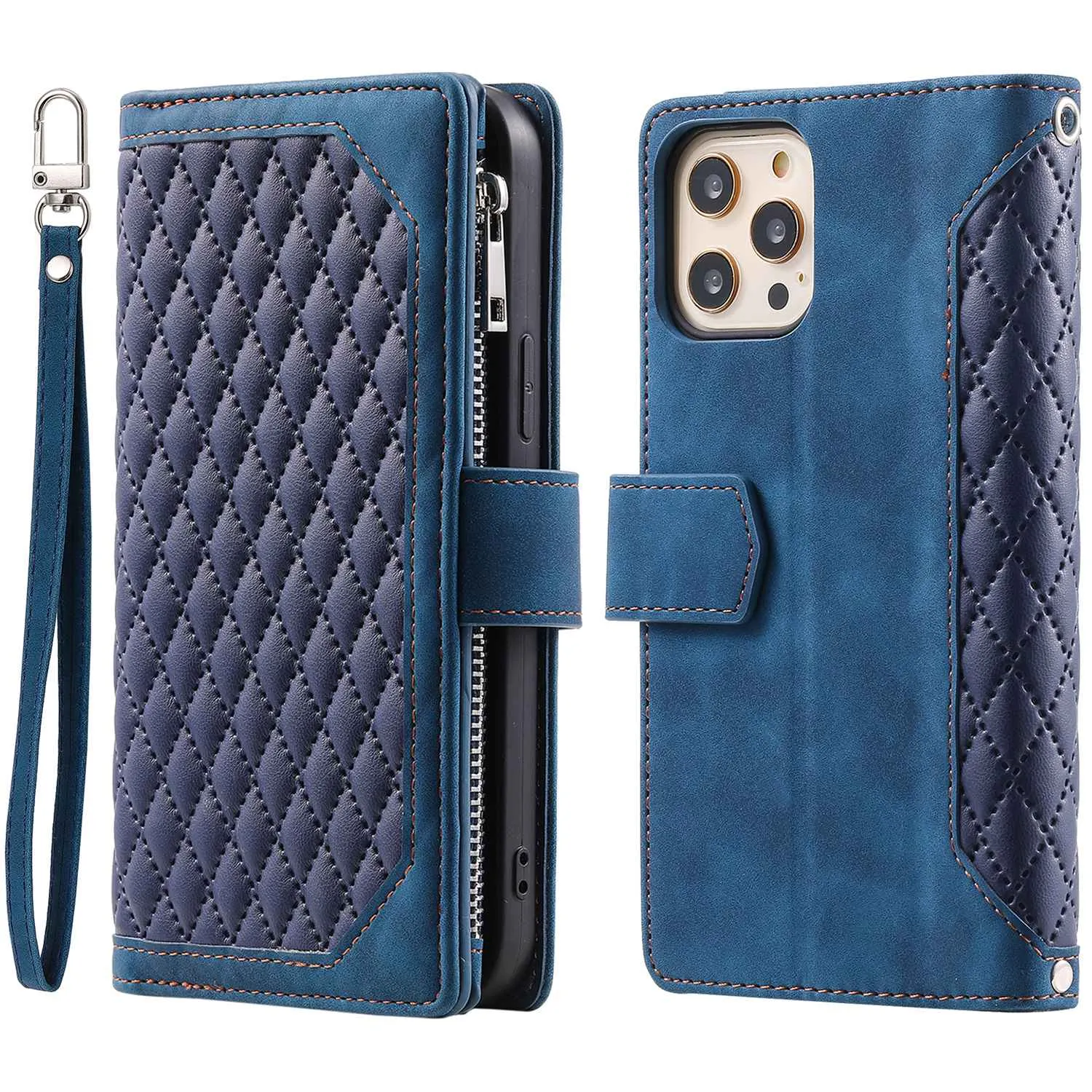 005 Style for iPhone 12 6.1 inch / 12 Pro 6.1 inch Rhombus Texture Zipper Pocket Phone Cover with Strap, PU Leather Stand Wallet Case