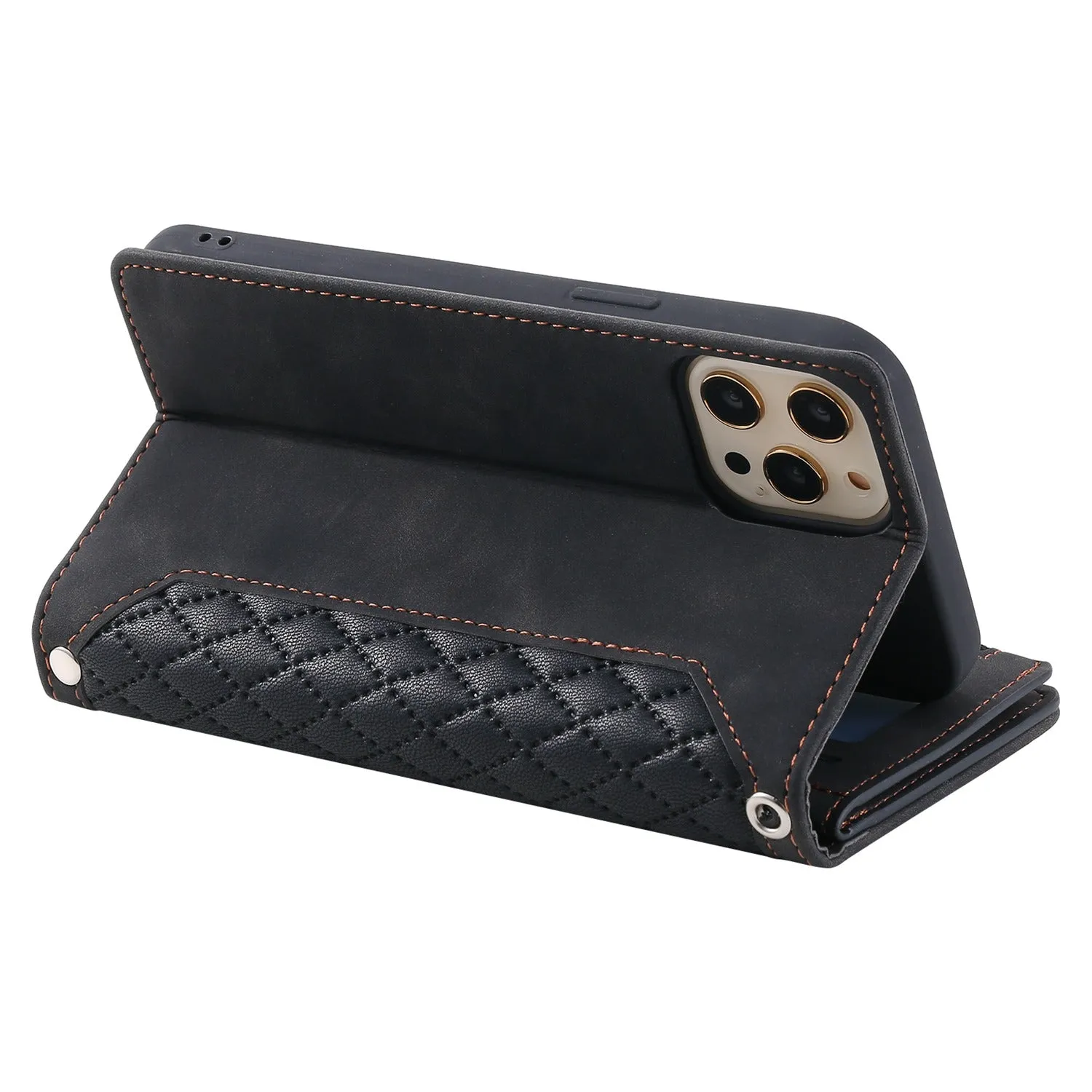 005 Style for iPhone 12 6.1 inch / 12 Pro 6.1 inch Rhombus Texture Zipper Pocket Phone Cover with Strap, PU Leather Stand Wallet Case