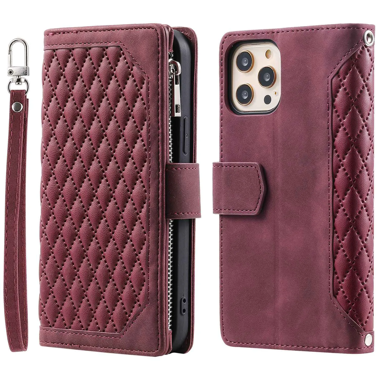 005 Style for iPhone 12 6.1 inch / 12 Pro 6.1 inch Rhombus Texture Zipper Pocket Phone Cover with Strap, PU Leather Stand Wallet Case