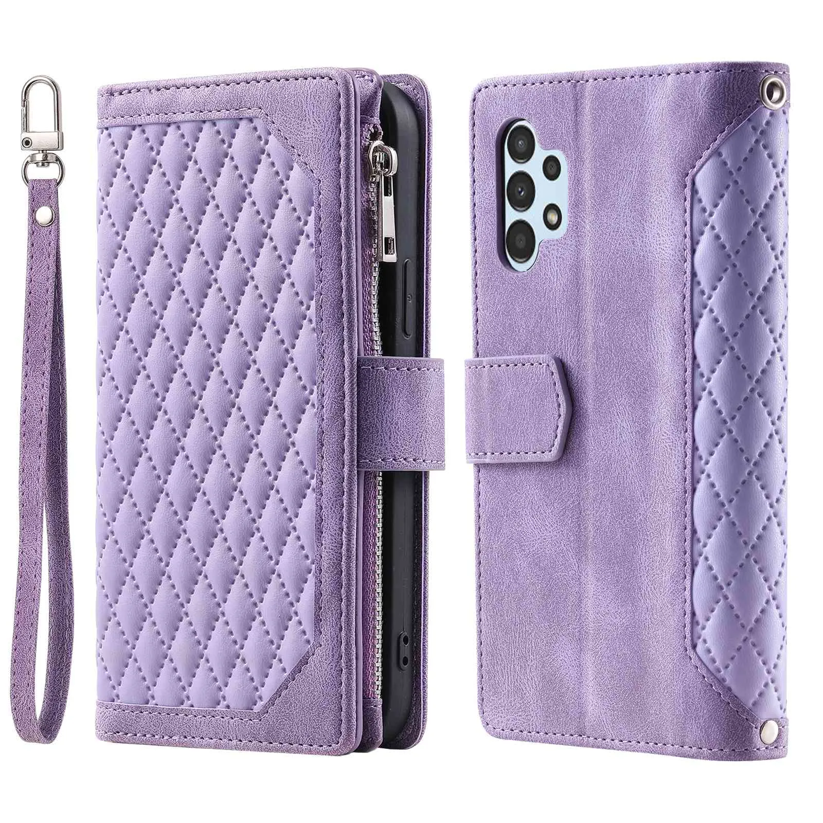 005 Style for Samsung Galaxy A32 4G (EU Version) Rhombus Texture PU Leather Phone Shockproof Cover Zipper Pocket Stand Wallet Case with Wrist Strap