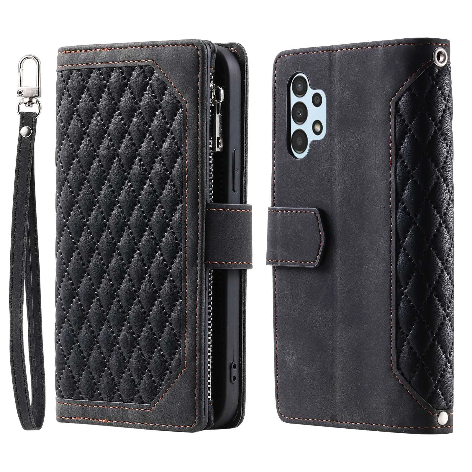 005 Style for Samsung Galaxy A32 4G (EU Version) Rhombus Texture PU Leather Phone Shockproof Cover Zipper Pocket Stand Wallet Case with Wrist Strap