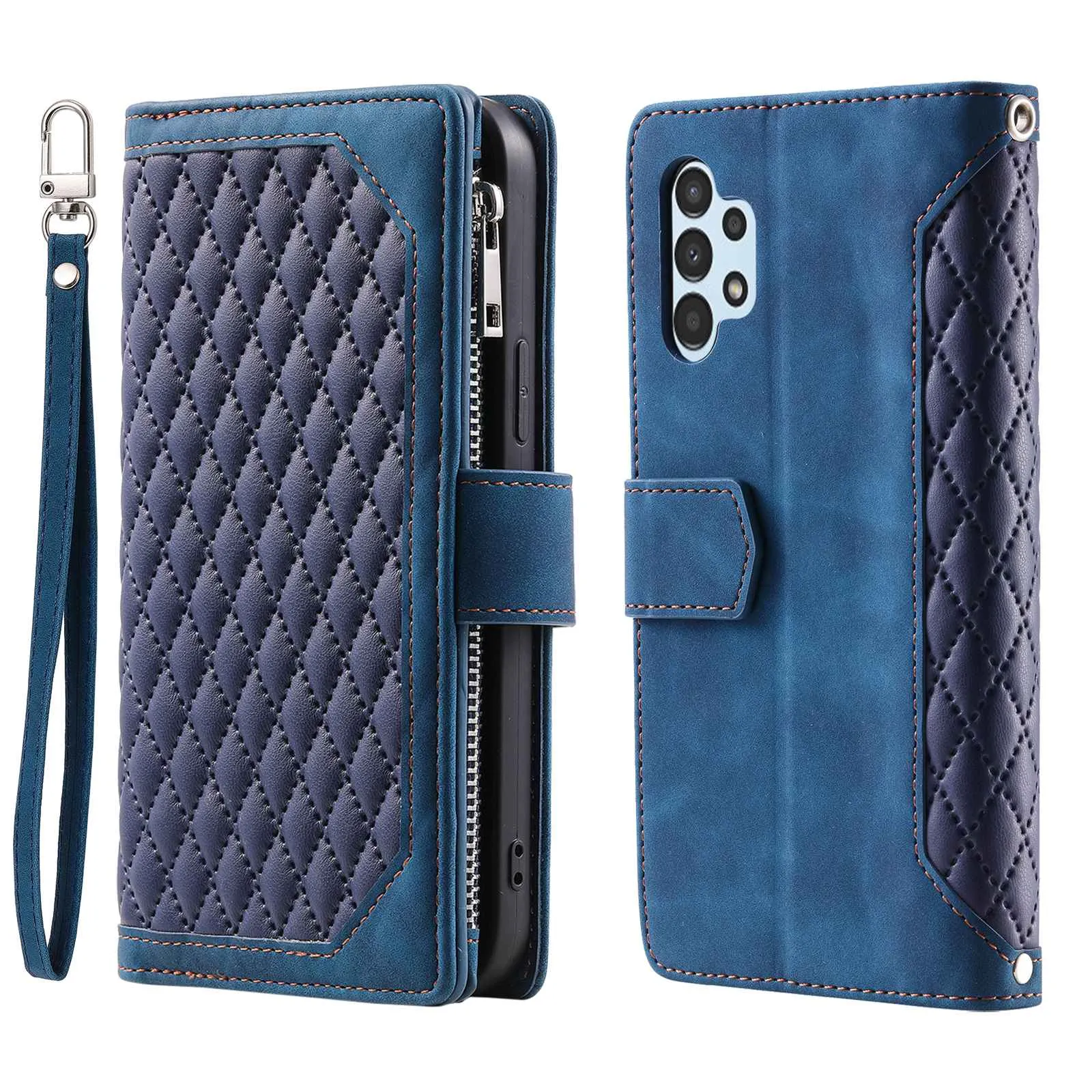 005 Style for Samsung Galaxy A32 4G (EU Version) Rhombus Texture PU Leather Phone Shockproof Cover Zipper Pocket Stand Wallet Case with Wrist Strap