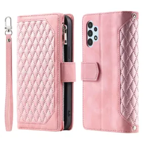 005 Style for Samsung Galaxy A32 4G (EU Version) Rhombus Texture PU Leather Phone Shockproof Cover Zipper Pocket Stand Wallet Case with Wrist Strap