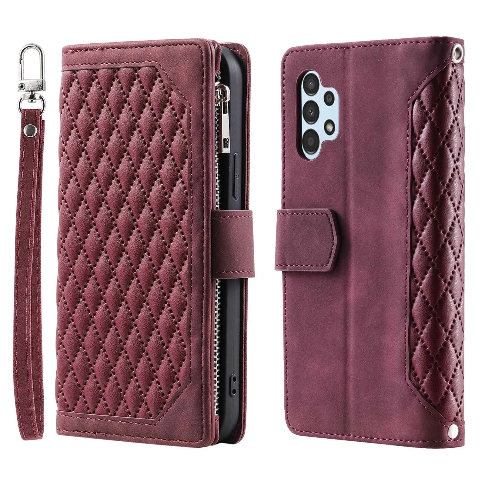 005 Style for Samsung Galaxy A32 4G (EU Version) Rhombus Texture PU Leather Phone Shockproof Cover Zipper Pocket Stand Wallet Case with Wrist Strap