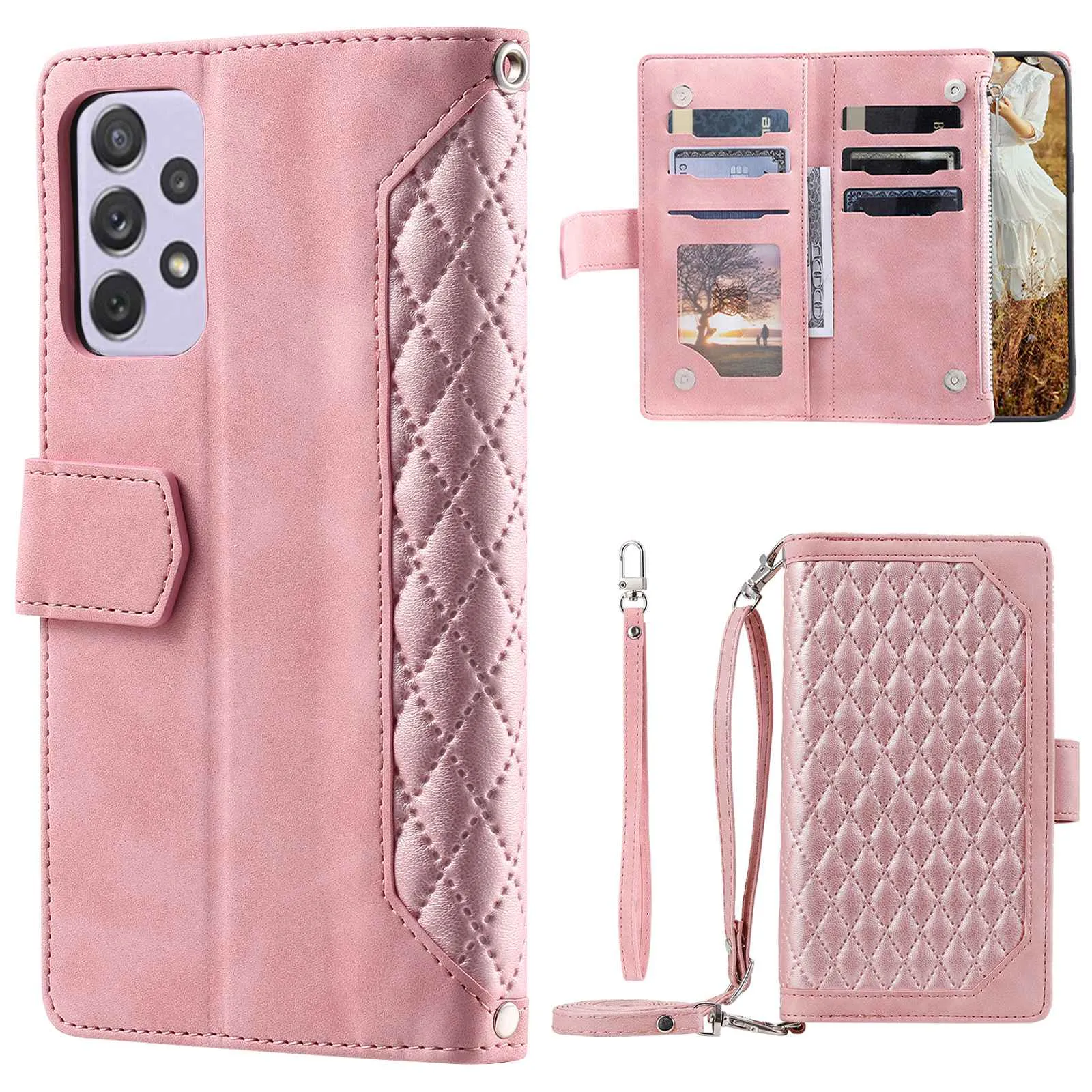 005 Style For Samsung Galaxy F23 5G / M23 5G / M13 4G / A23 4G (165.4 x 76.9 x 8.4 mm) / 5G, Rhombus Texture Zipper Pocket PU Leather Phone Case Anti-fall Stand Wallet Shell