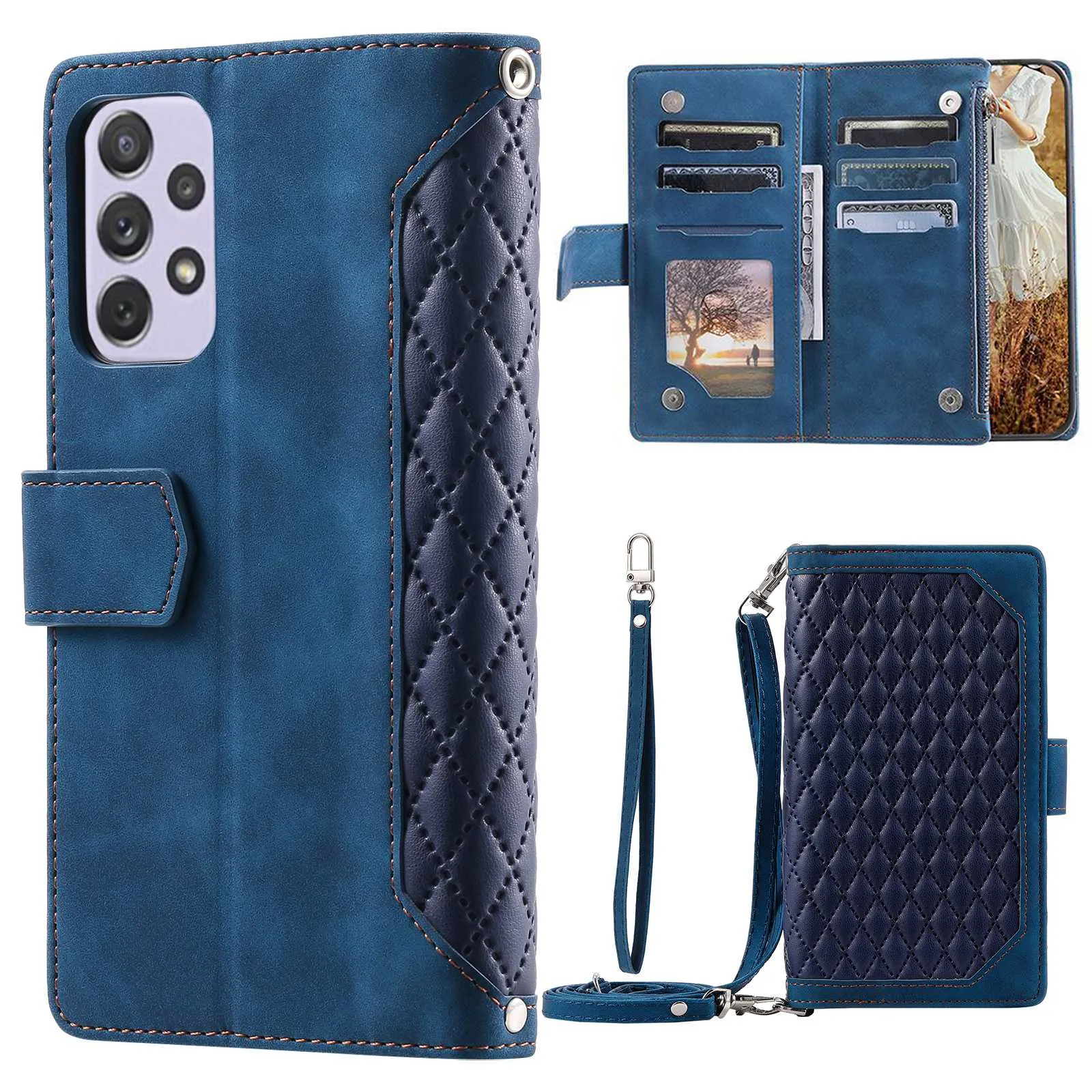 005 Style For Samsung Galaxy F23 5G / M23 5G / M13 4G / A23 4G (165.4 x 76.9 x 8.4 mm) / 5G, Rhombus Texture Zipper Pocket PU Leather Phone Case Anti-fall Stand Wallet Shell