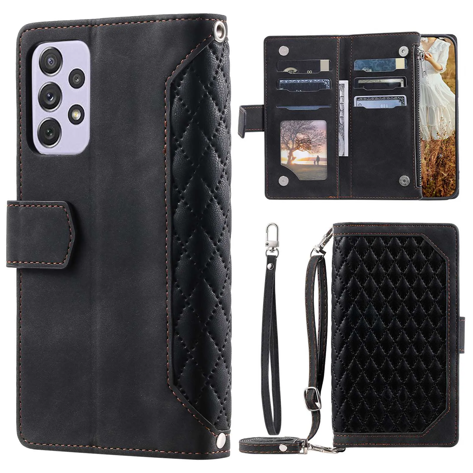 005 Style For Samsung Galaxy F23 5G / M23 5G / M13 4G / A23 4G (165.4 x 76.9 x 8.4 mm) / 5G, Rhombus Texture Zipper Pocket PU Leather Phone Case Anti-fall Stand Wallet Shell