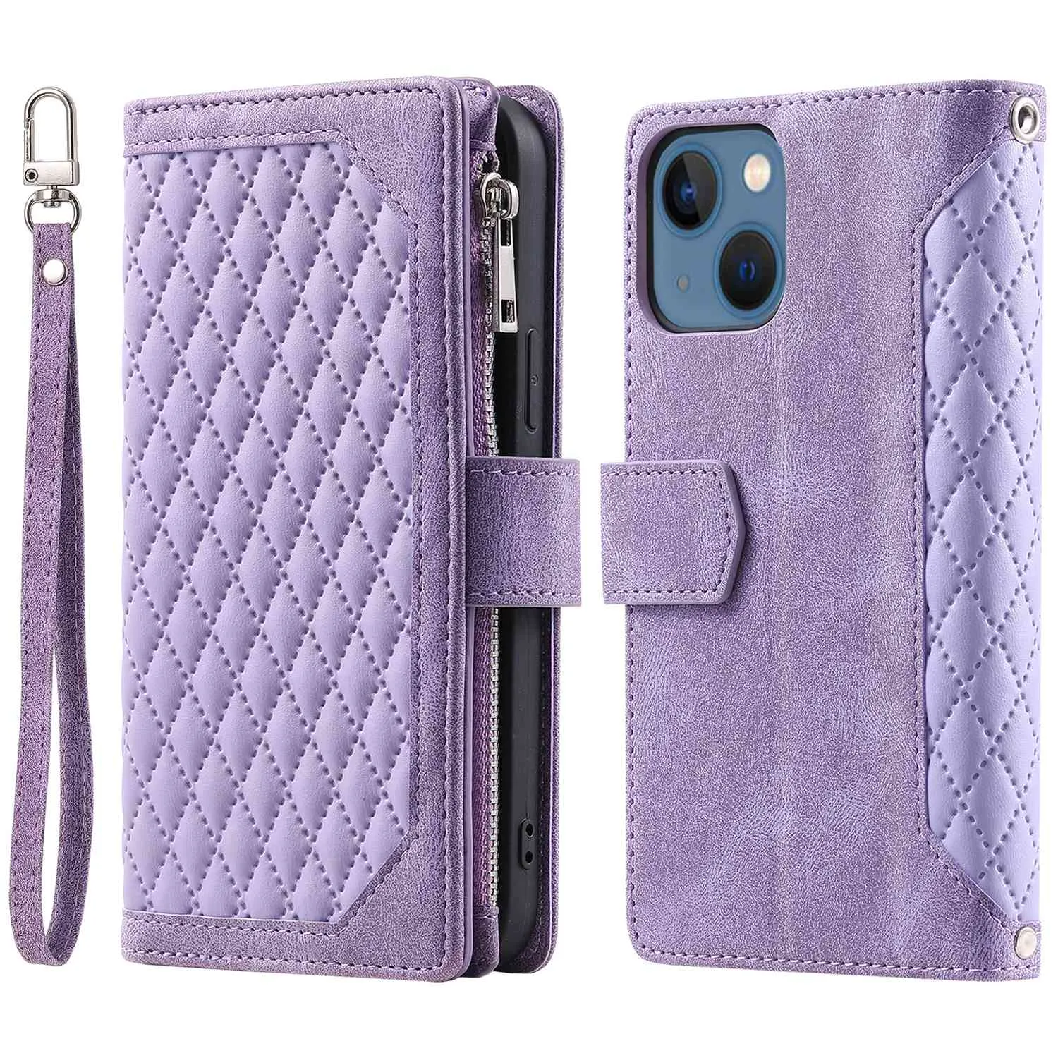 005 Style Zipper Pocket Leather Case for iPhone 13 mini 5.4 inch, Rhombus Texture Stand Wallet Shockproof Phone Cover with Wrist Strap