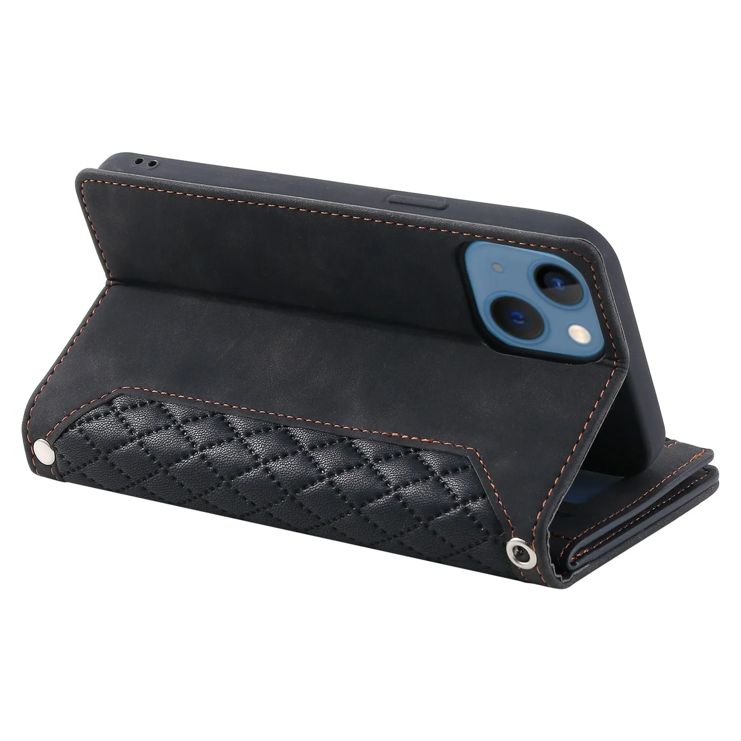 005 Style Zipper Pocket Leather Case for iPhone 13 mini 5.4 inch, Rhombus Texture Stand Wallet Shockproof Phone Cover with Wrist Strap