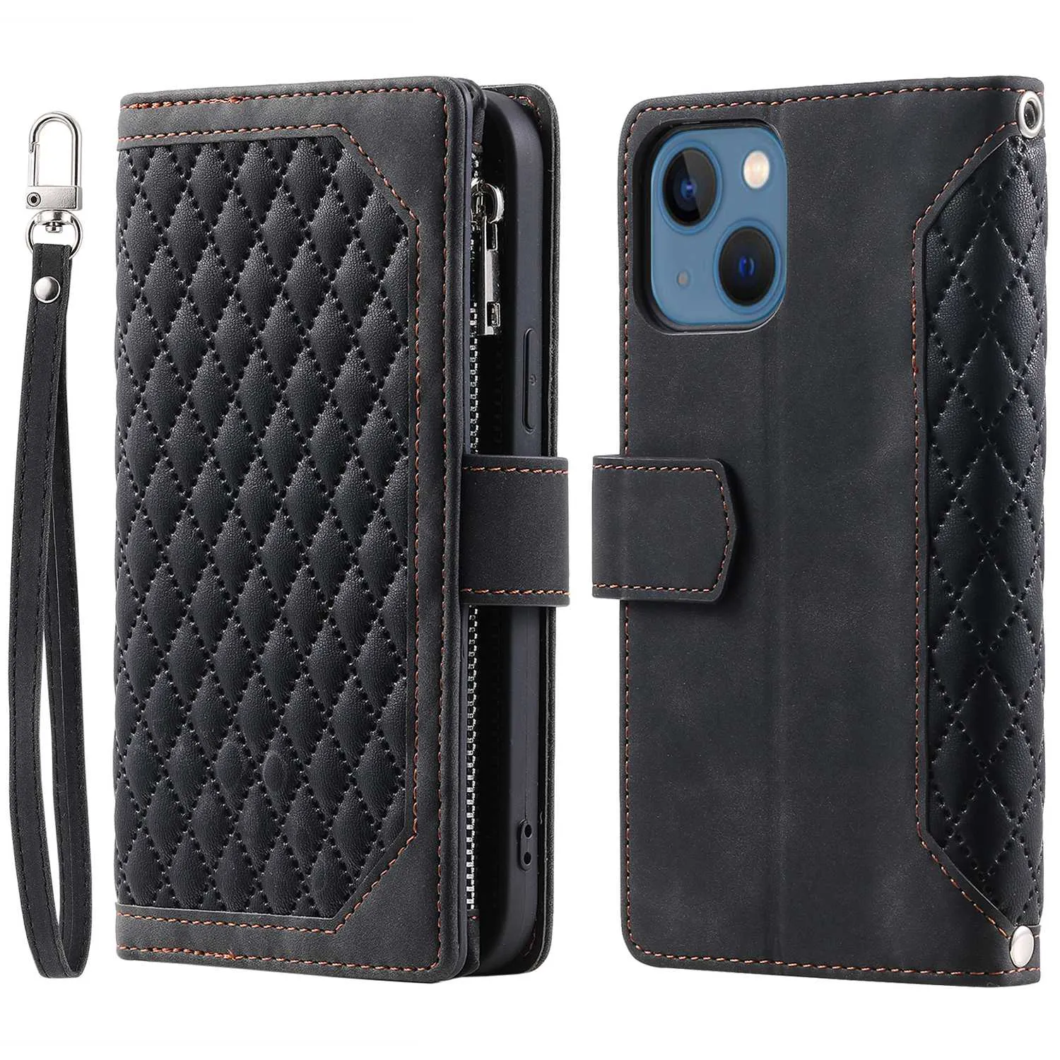 005 Style Zipper Pocket Leather Case for iPhone 13 mini 5.4 inch, Rhombus Texture Stand Wallet Shockproof Phone Cover with Wrist Strap