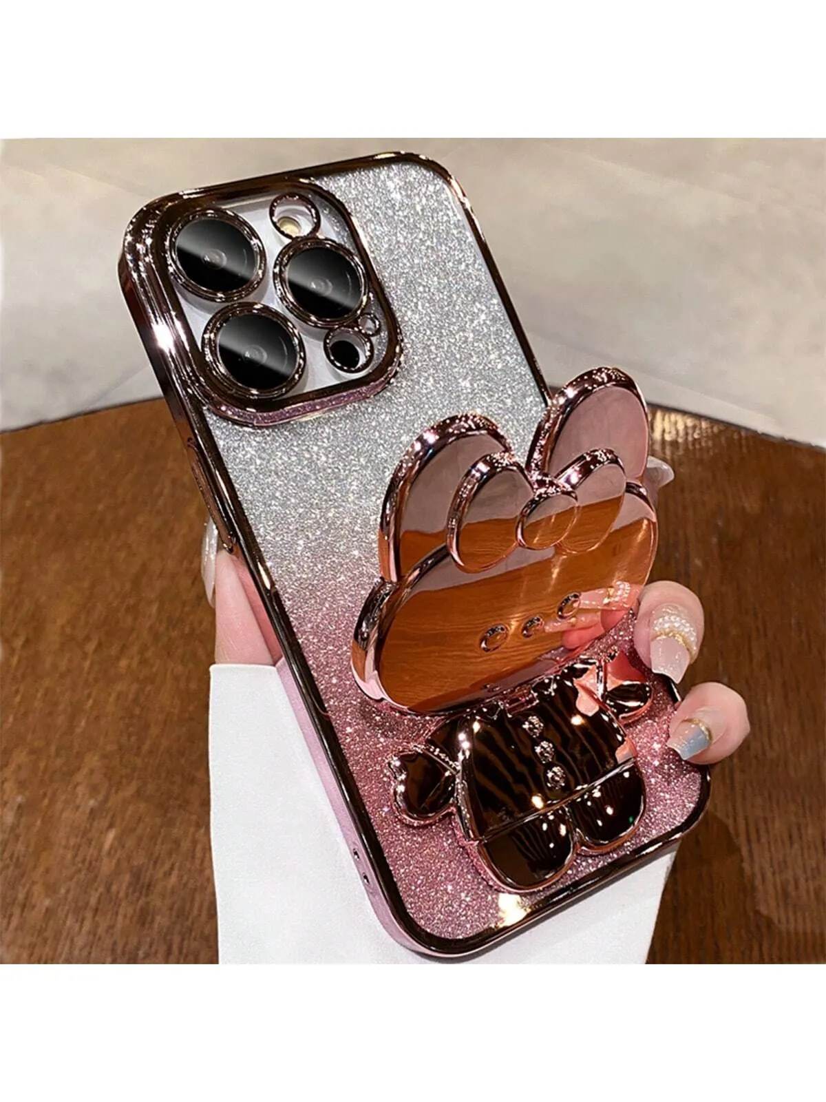 1pc Rose Gold Folding Rabbit Mirror Stand Phone Case Compatible With IPhone 12/13/14/15/11 Pro Max/13 Pro/15 Pro, Iphone15 Cover