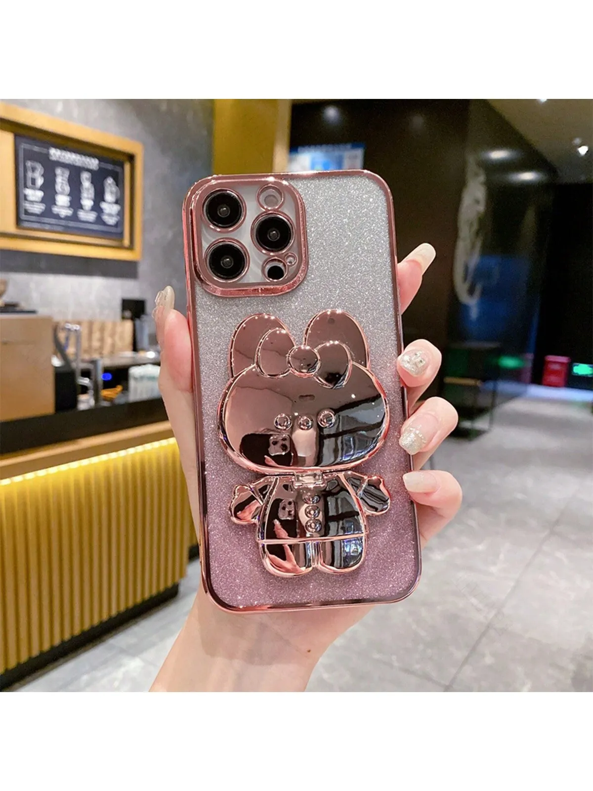 1pc Rose Gold Folding Rabbit Mirror Stand Phone Case Compatible With IPhone 12/13/14/15/11 Pro Max/13 Pro/15 Pro, Iphone15 Cover