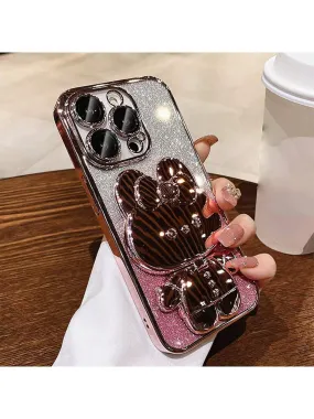 1pc Rose Gold Folding Rabbit Mirror Stand Phone Case Compatible With IPhone 12/13/14/15/11 Pro Max/13 Pro/15 Pro, Iphone15 Cover