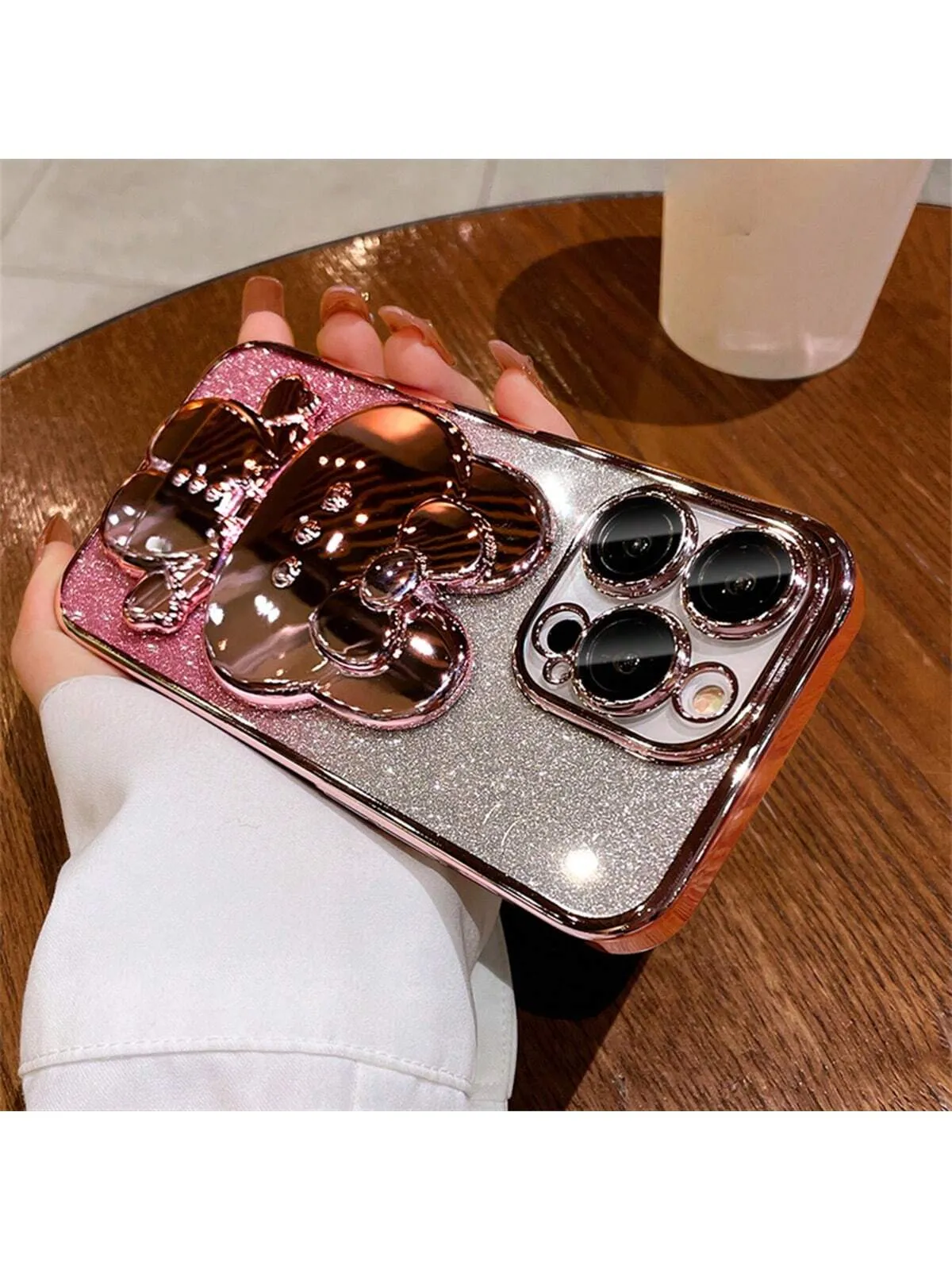 1pc Rose Gold Folding Rabbit Mirror Stand Phone Case Compatible With IPhone 12/13/14/15/11 Pro Max/13 Pro/15 Pro, Iphone15 Cover