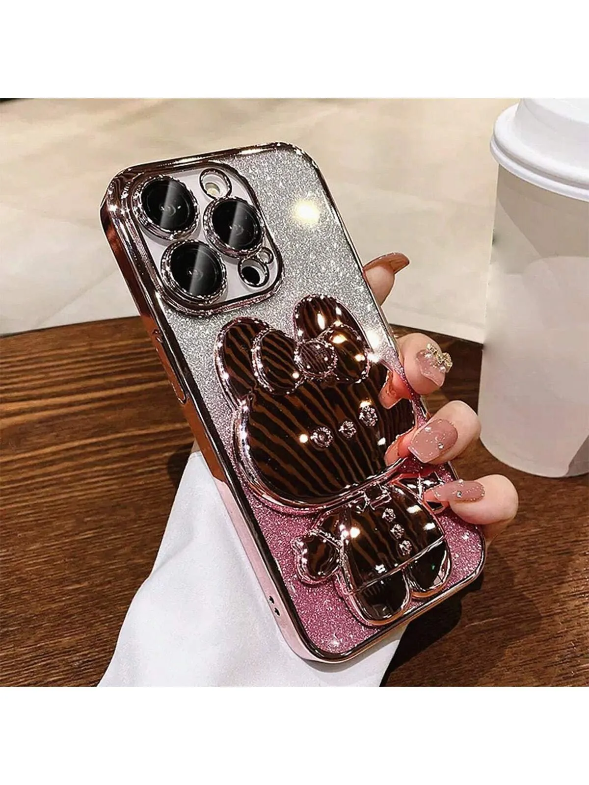 1pc Rose Gold Folding Rabbit Mirror Stand Phone Case Compatible With IPhone 12/13/14/15/11 Pro Max/13 Pro/15 Pro, Iphone15 Cover