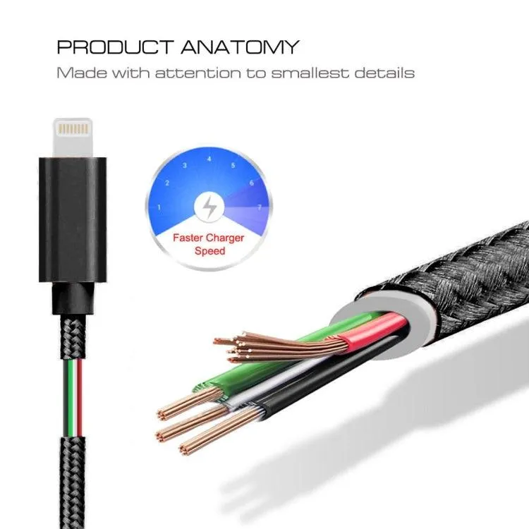 2m Durable 3A Braided 8 Pin to USB Charge & Data Sync Cable