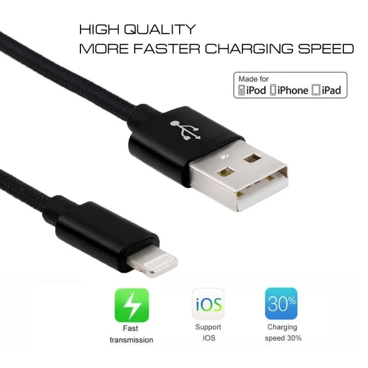 2m Durable 3A Braided 8 Pin to USB Charge & Data Sync Cable