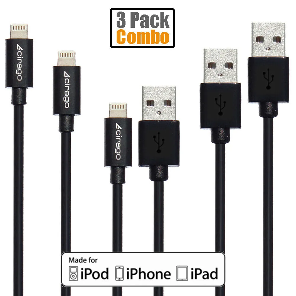 3Pack 10ft USB to Lightning MFi Certified Data Cable Charge/Sync Cord for Apple