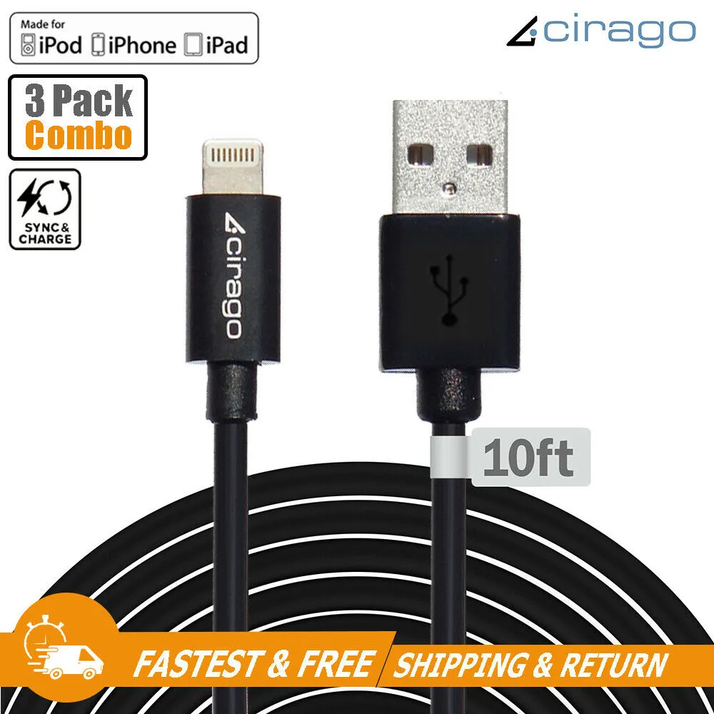 3Pack 10ft USB to Lightning MFi Certified Data Cable Charge/Sync Cord for Apple