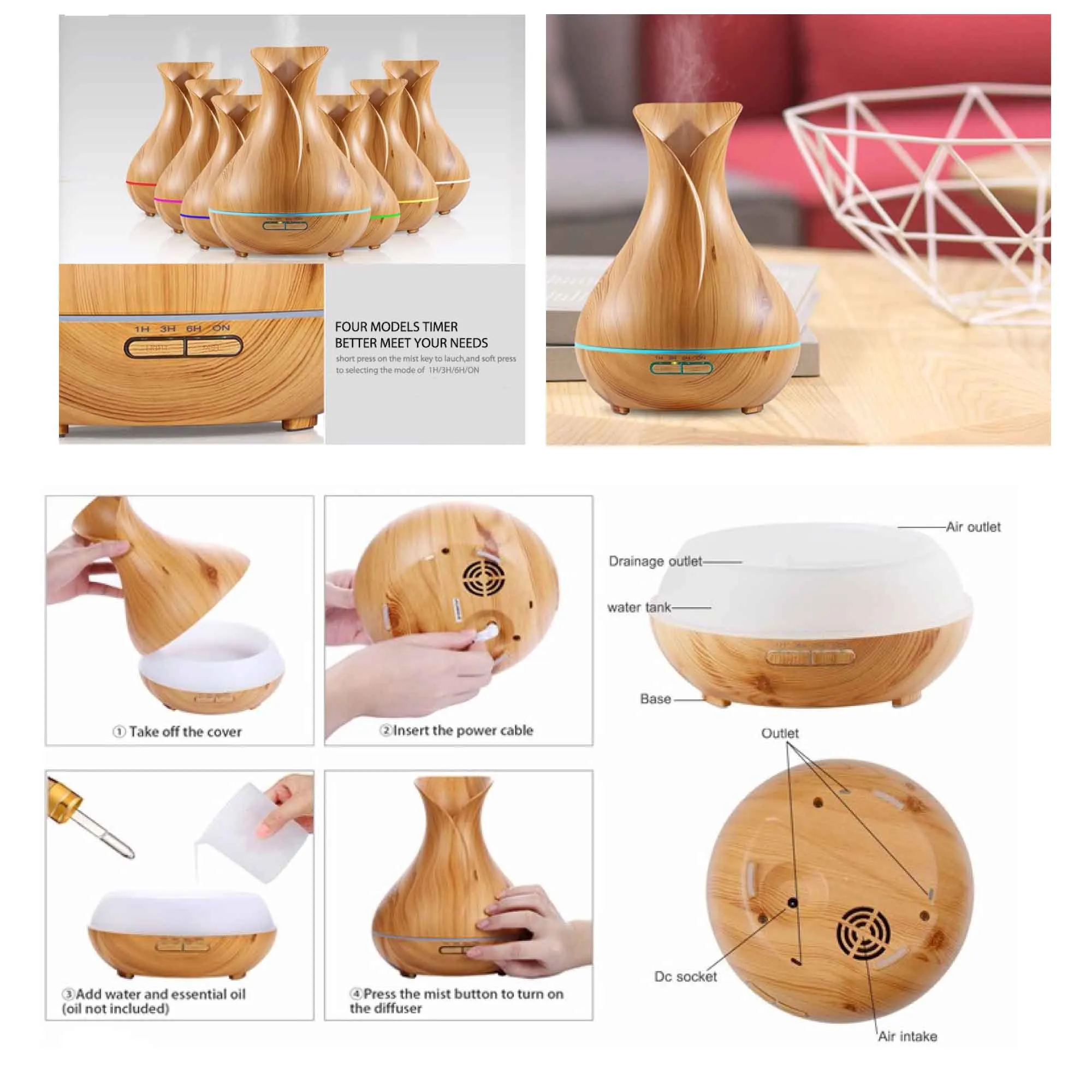 400ml Ultrasonic Aroma Diffuser, Wood Grain, LED Light