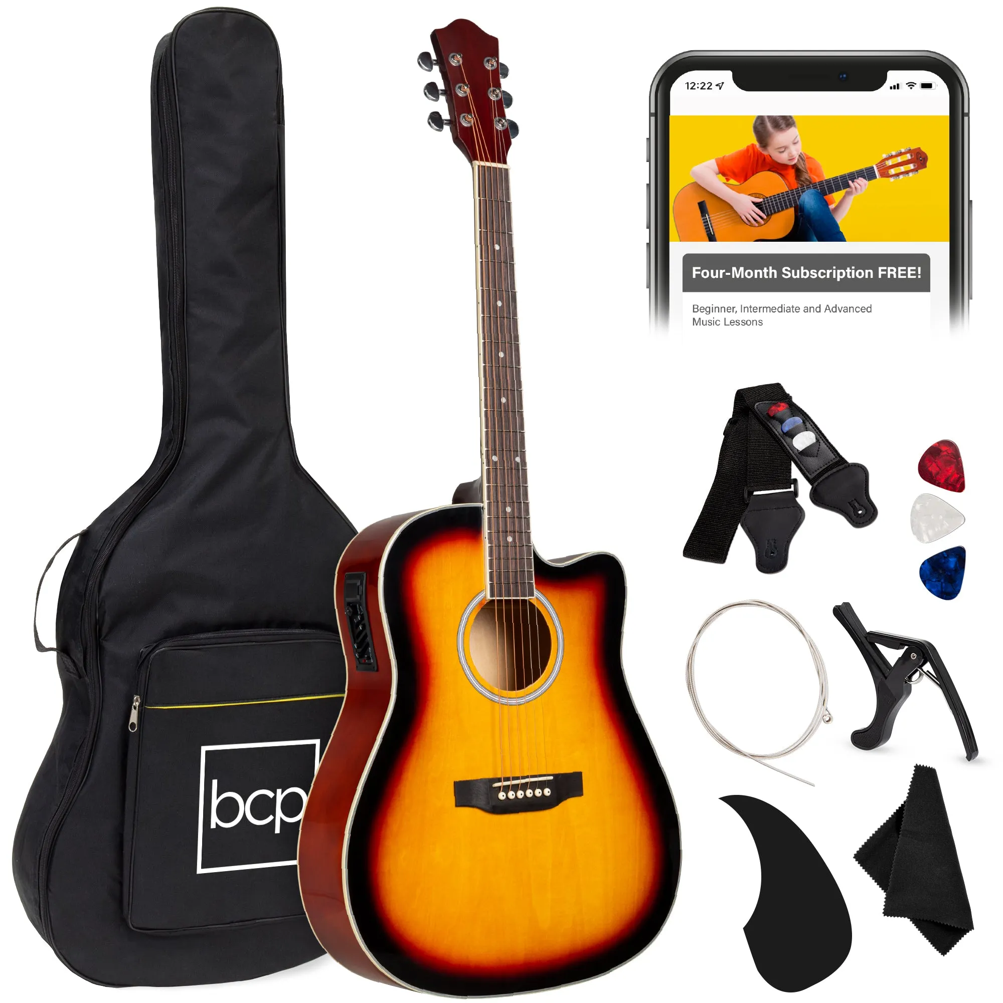 41in Beginner Acoustic Electric Cutaway Guitar Set w/ Case, Strap