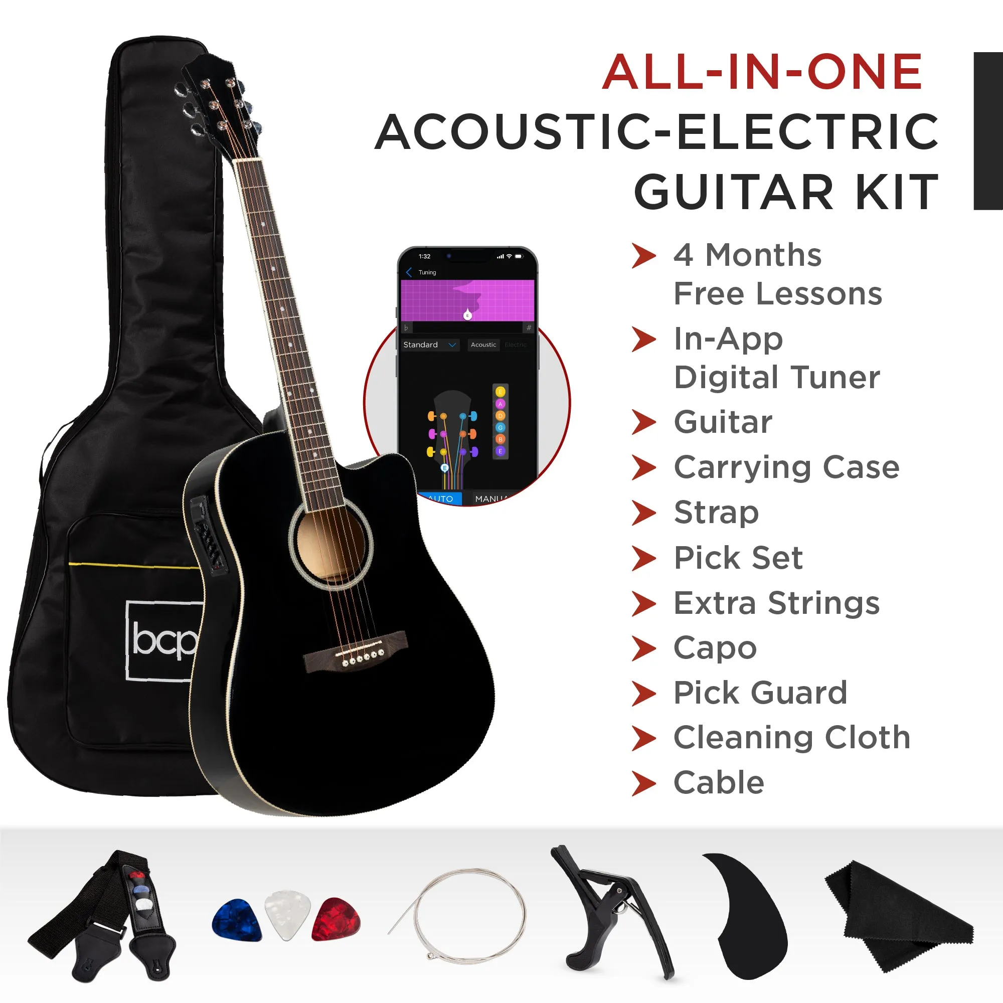 41in Beginner Acoustic Electric Cutaway Guitar Set w/ Case, Strap