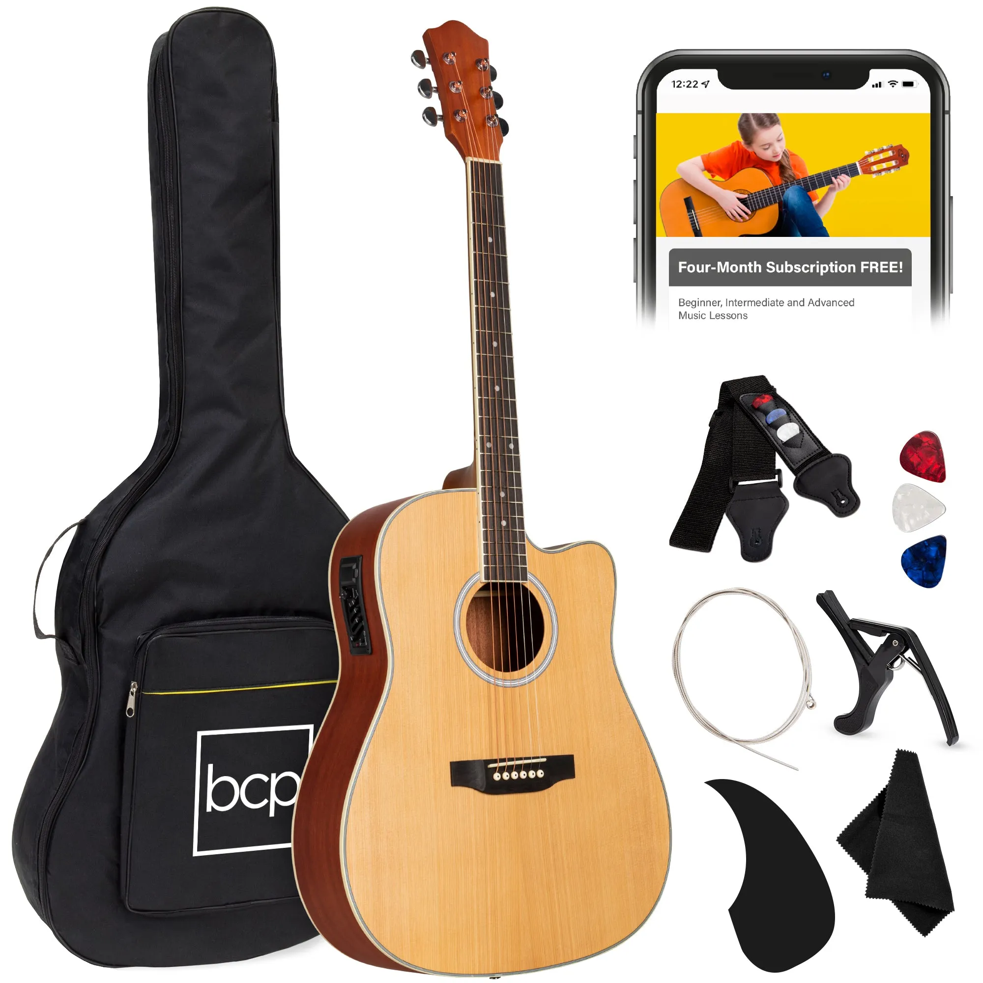 41in Beginner Acoustic Electric Cutaway Guitar Set w/ Case, Strap