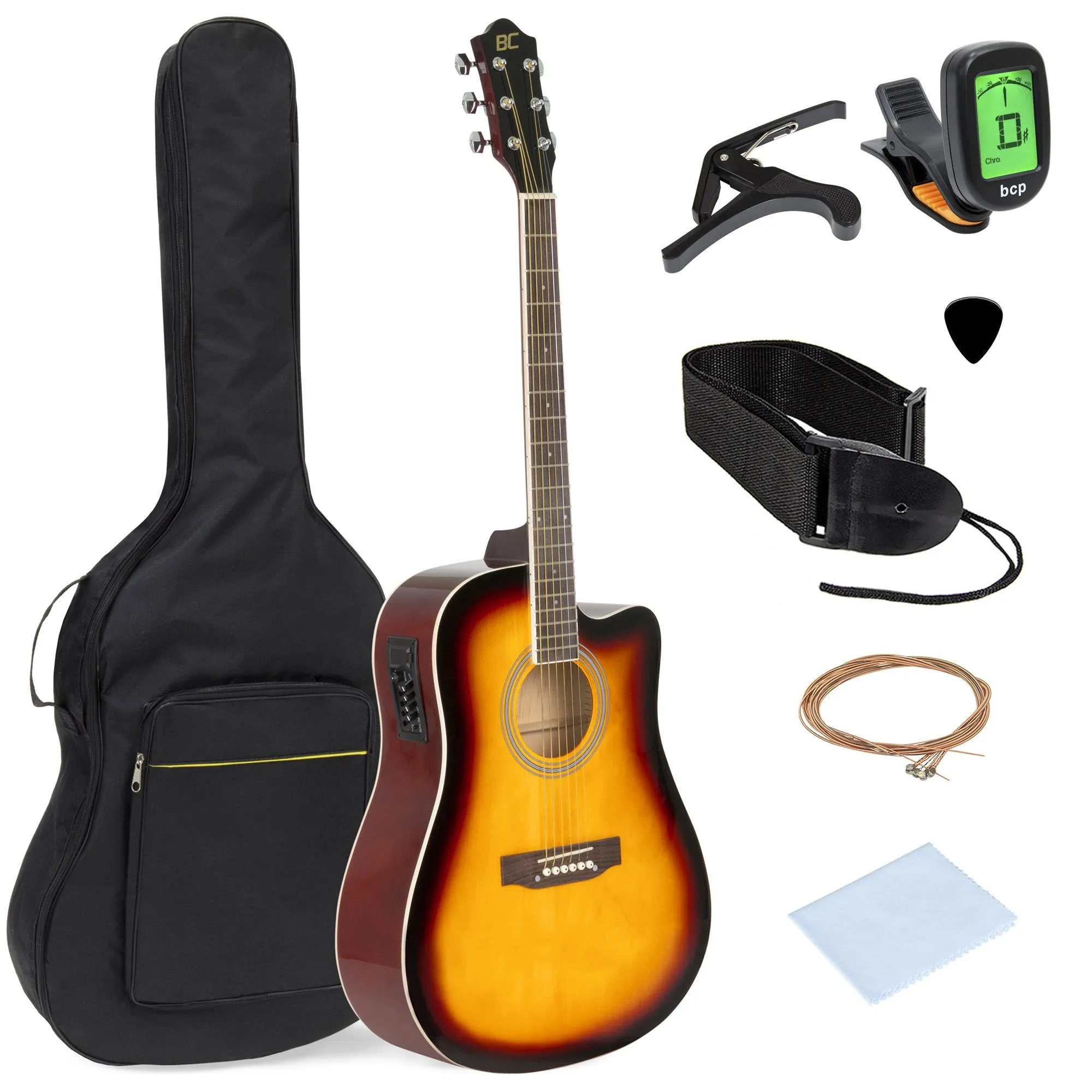 41in Full Size Acoustic Electric Cutaway Guitar Set w/ Capo, E-Tuner, Bag