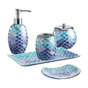 5Pieces Mosaic Glass Bathroom Accessories Set, Soap Dispenser, Tray/Soap Dish (Blue)