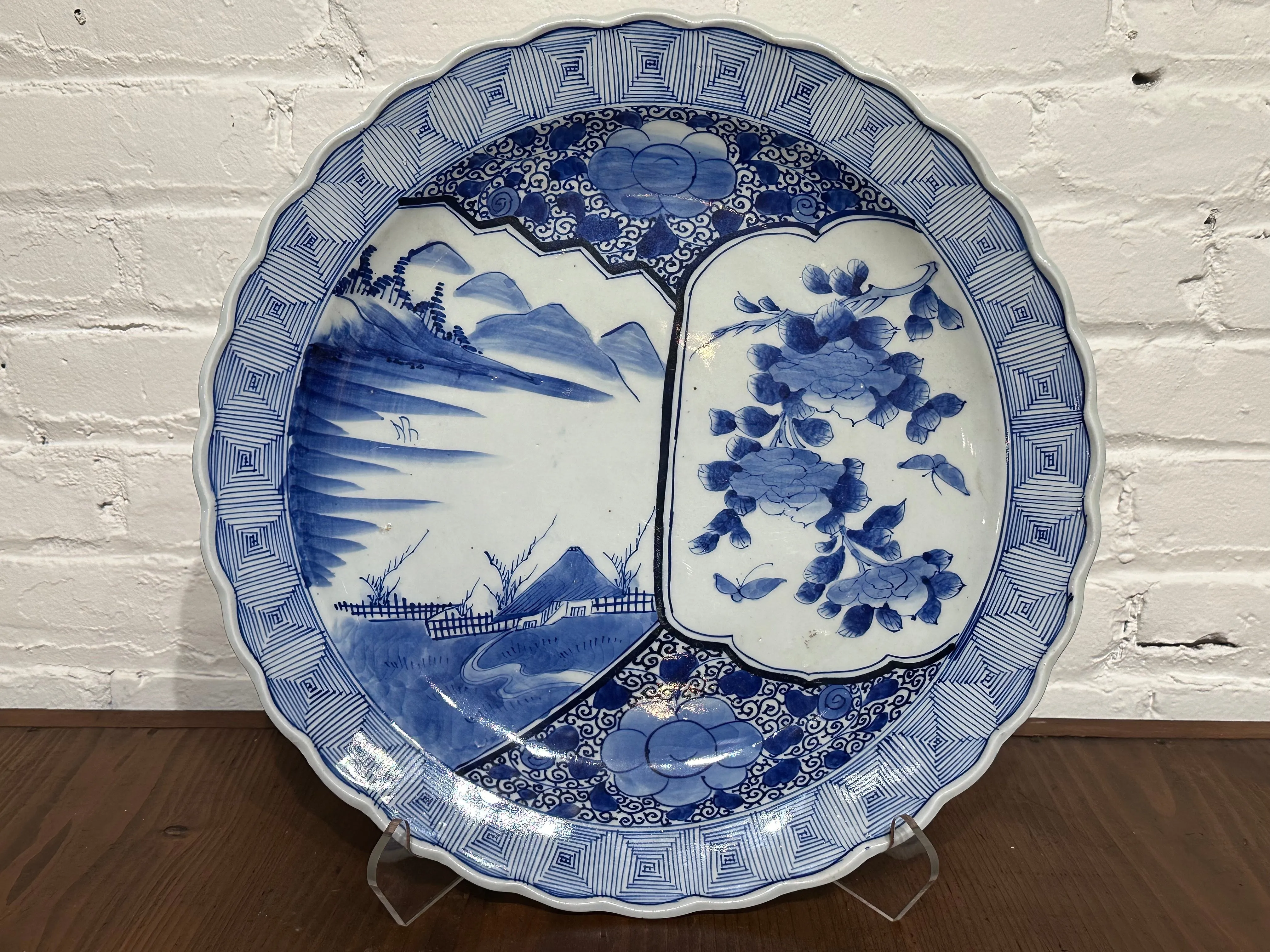 Antique Japanese Late Edo c1850 Ceramic Blue & White Charger 16” Plate