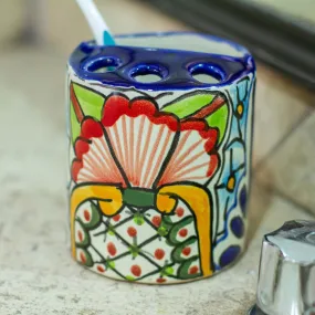 Artisan Crafted Talavera-Style Toothbrush Holder - Talavera Bouquet | NOVICA