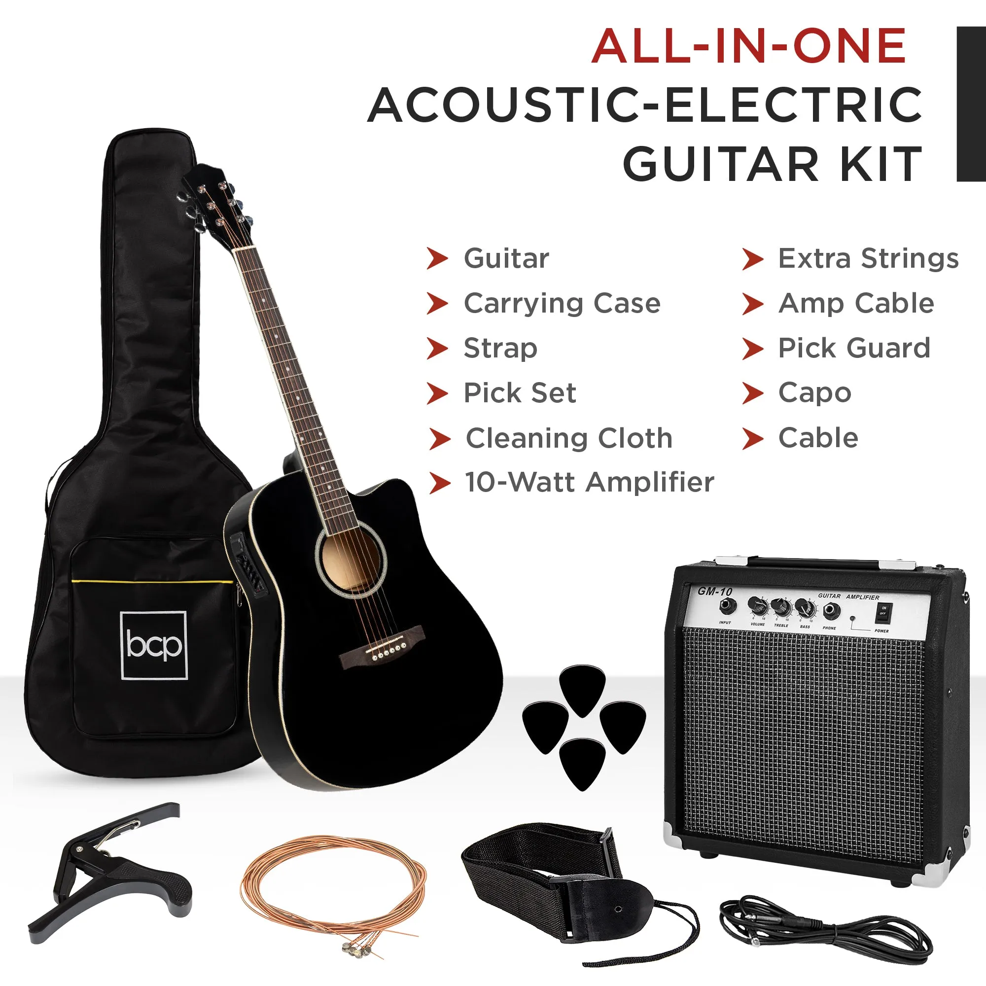 Beginner Acoustic Electric Cutaway Guitar Set w/ Case, Strap - 41in