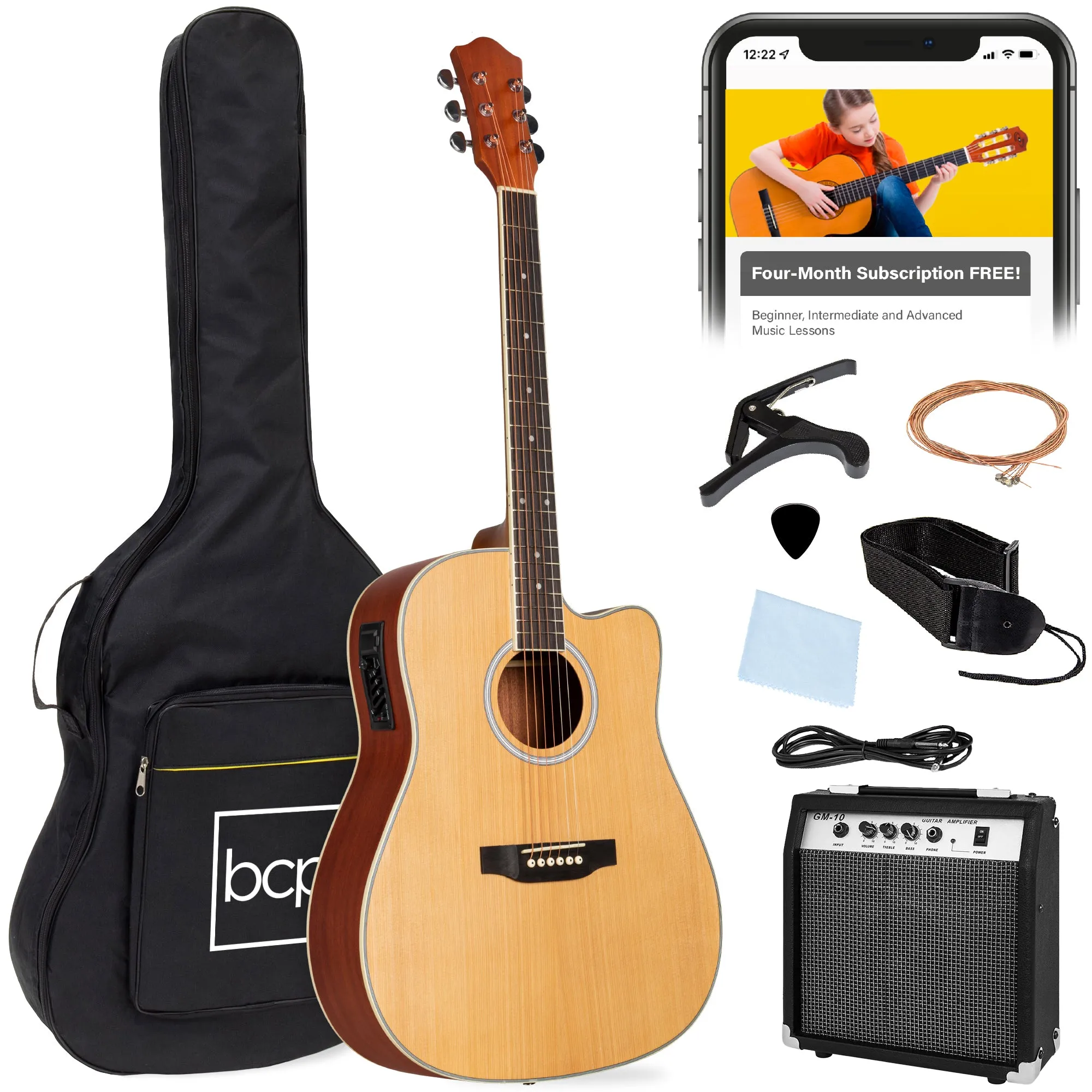 Beginner Acoustic Electric Cutaway Guitar Set w/ Case, Strap - 41in