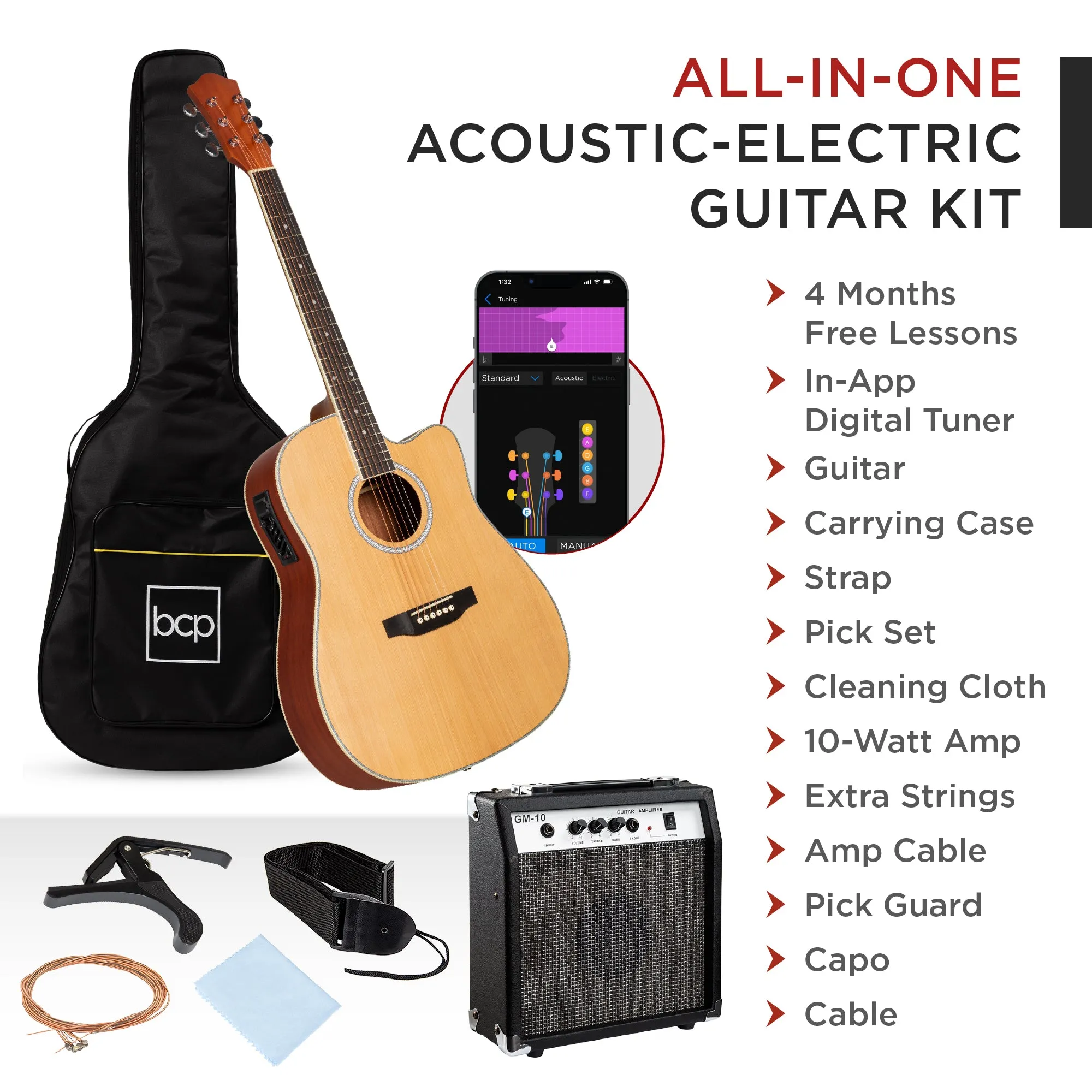 Beginner Acoustic Electric Cutaway Guitar Set w/ Case, Strap - 41in