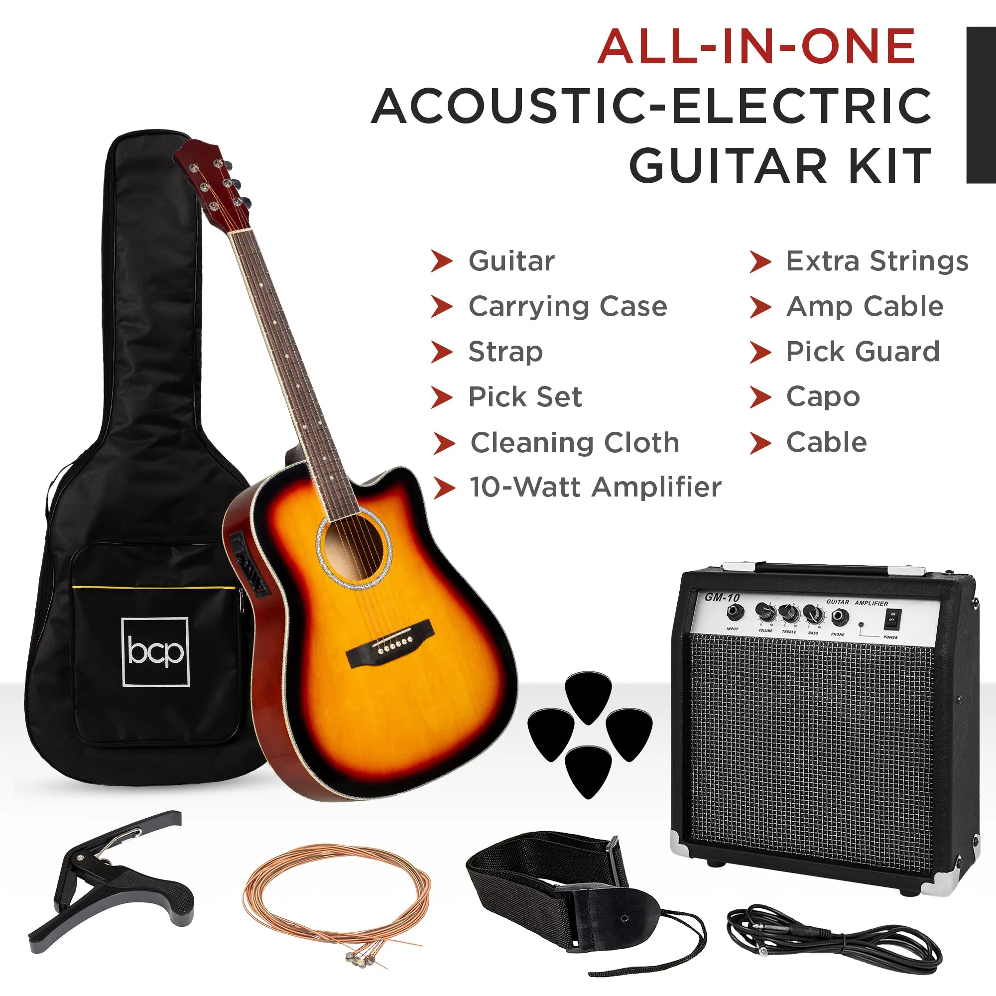 Beginner Acoustic Electric Cutaway Guitar Set w/ Case, Strap - 41in