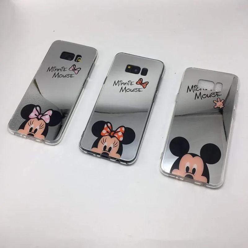 Cute Mickey and Minnie Mouse Mirrored Phone Cases with Silicone Gel Soft Back and Ring Stand for iPhone and Samsung Galaxy Phones