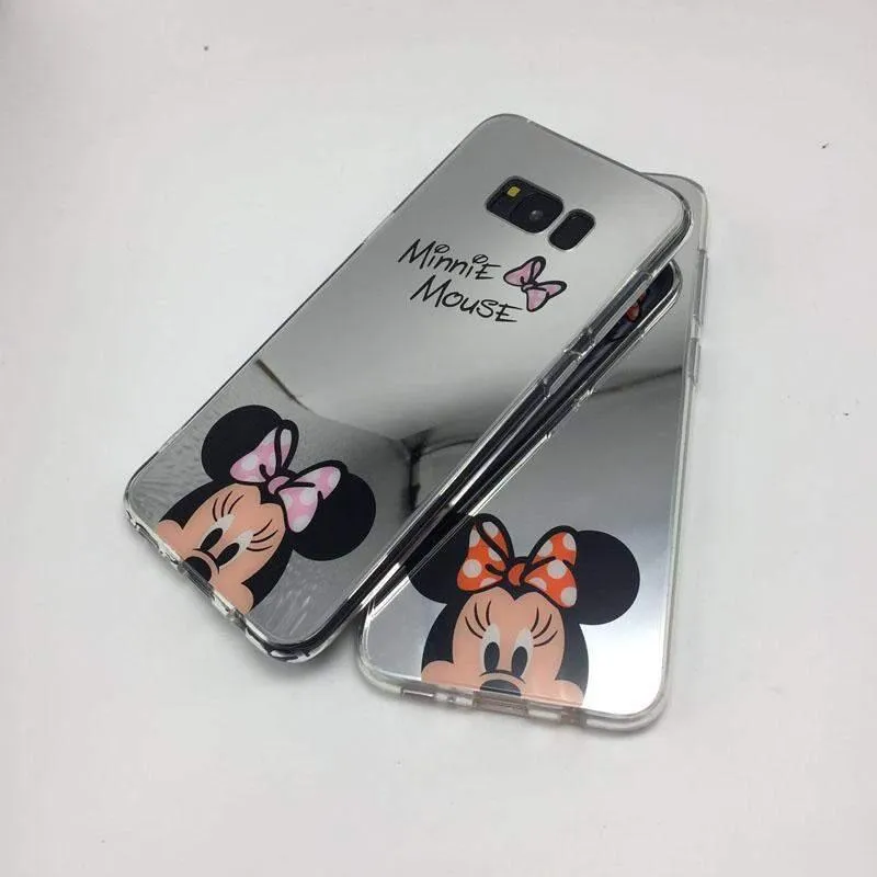 Cute Mickey and Minnie Mouse Mirrored Phone Cases with Silicone Gel Soft Back and Ring Stand for iPhone and Samsung Galaxy Phones