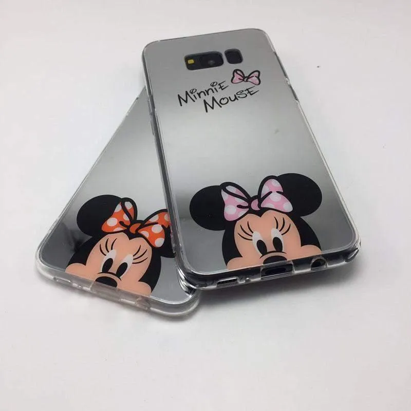 Cute Mickey and Minnie Mouse Mirrored Phone Cases with Silicone Gel Soft Back and Ring Stand for iPhone and Samsung Galaxy Phones