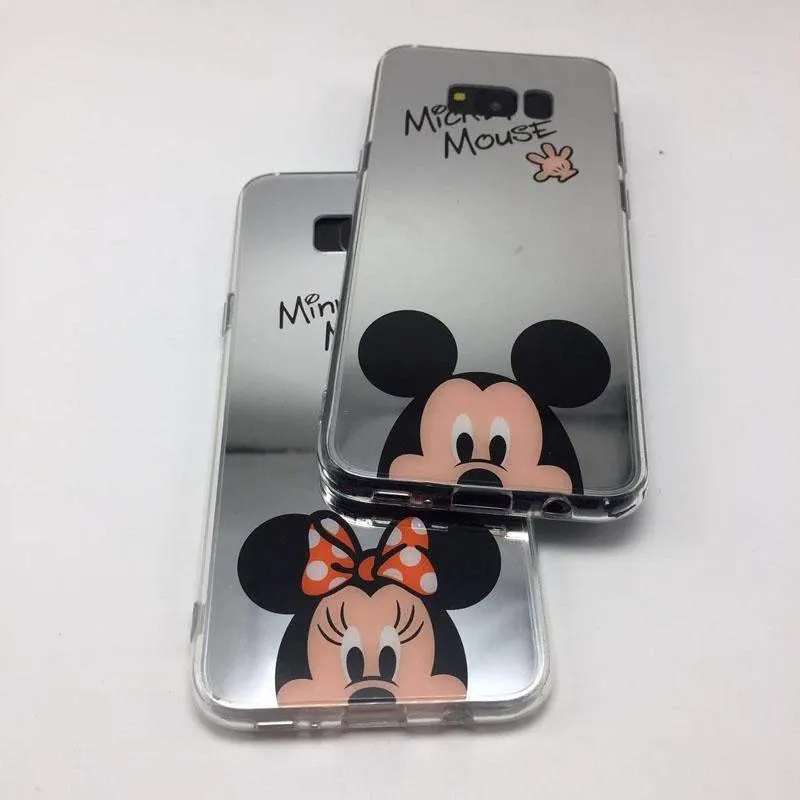 Cute Mickey and Minnie Mouse Mirrored Phone Cases with Silicone Gel Soft Back and Ring Stand for iPhone and Samsung Galaxy Phones