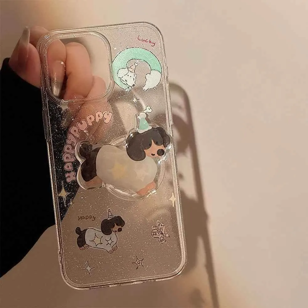 Cute Phone Cases for iPhone 15, 14, 13, 12 Pro Max, and more - Transparent Glitter 3D Puppy Stand Holder - TSP344