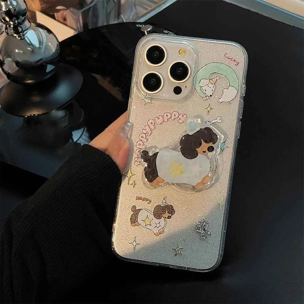 Cute Phone Cases for iPhone 15, 14, 13, 12 Pro Max, and more - Transparent Glitter 3D Puppy Stand Holder - TSP344