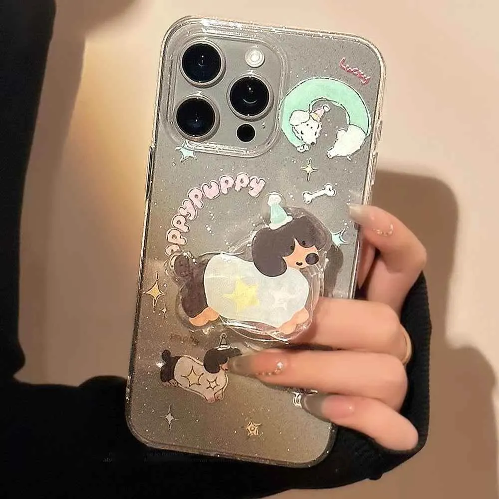 Cute Phone Cases for iPhone 15, 14, 13, 12 Pro Max, and more - Transparent Glitter 3D Puppy Stand Holder - TSP344