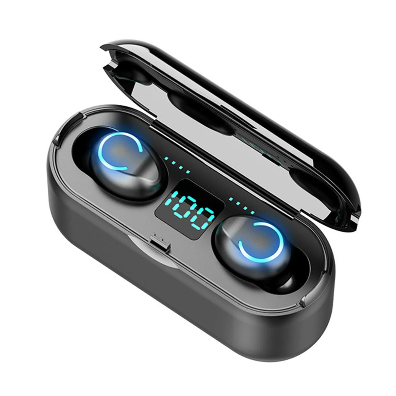 F9 BT5.0 Wireless Headphones Cool Light Noise Reduction Touch Control IPX7 Waterproof 1200mAh Charge Box Power Display Phone Holder (Black)